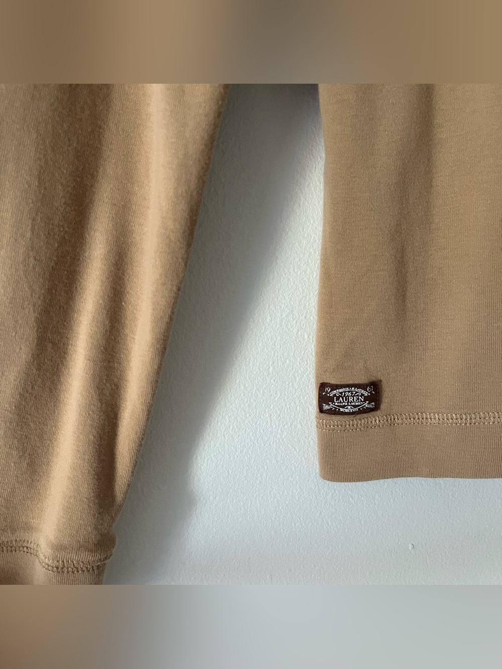 Lauren Ralph Lauren Tan Brown 100% Cotton Top Elbow Patch Equestrian Neutral L - Picture 2 of 8